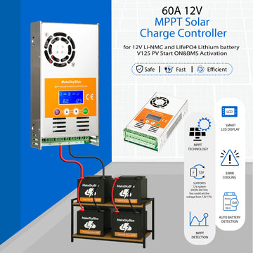 60A 12V MPPT Solar Charge Controller for 12V Li-NMC and LifePO4 Lithium battery V125 PV Start ON&BMS Activation