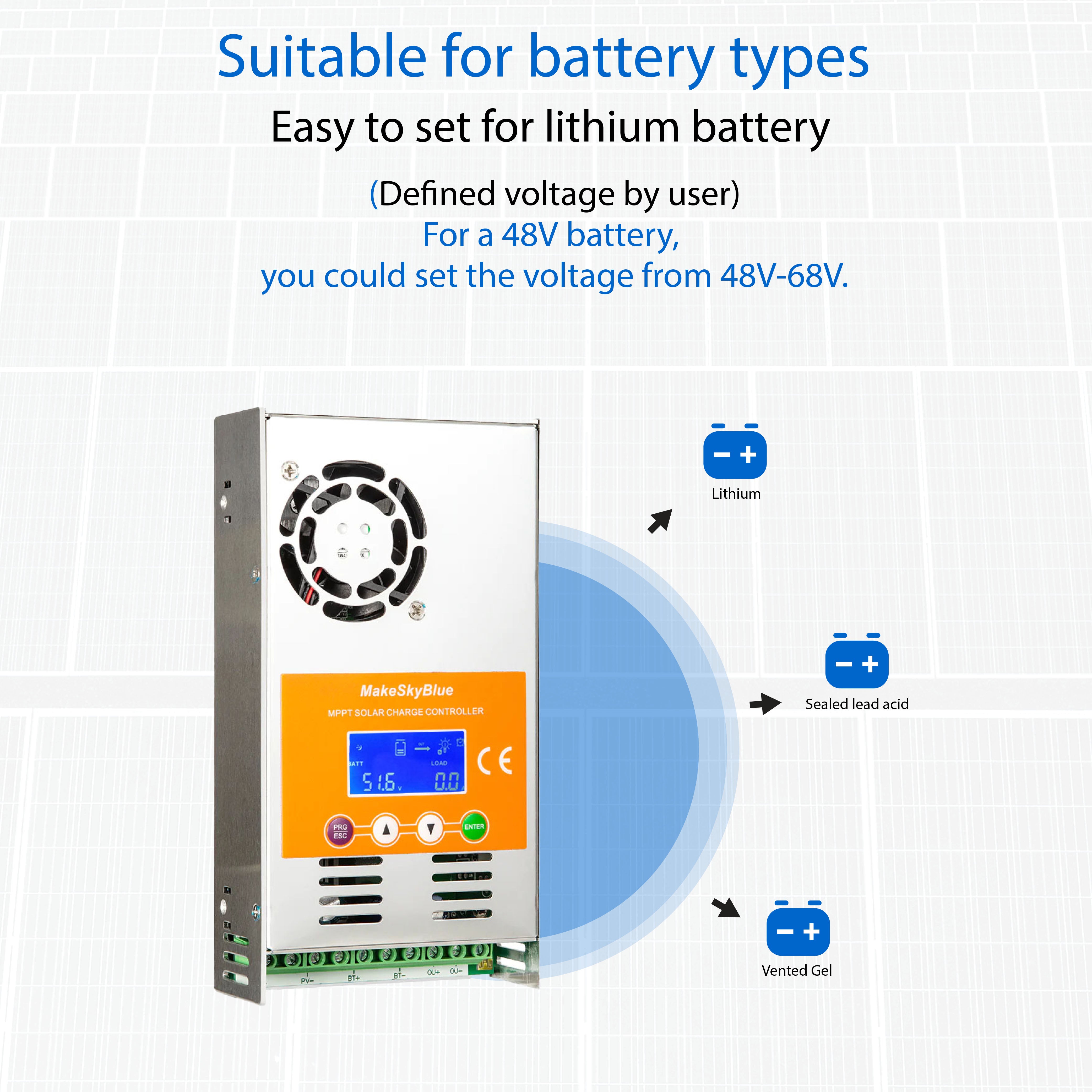 60A 48V MPPT Solar Charge Controller for 48V Li-NMC and LifePO4 Lithium battery V125 PV Start ON&BMS Activation