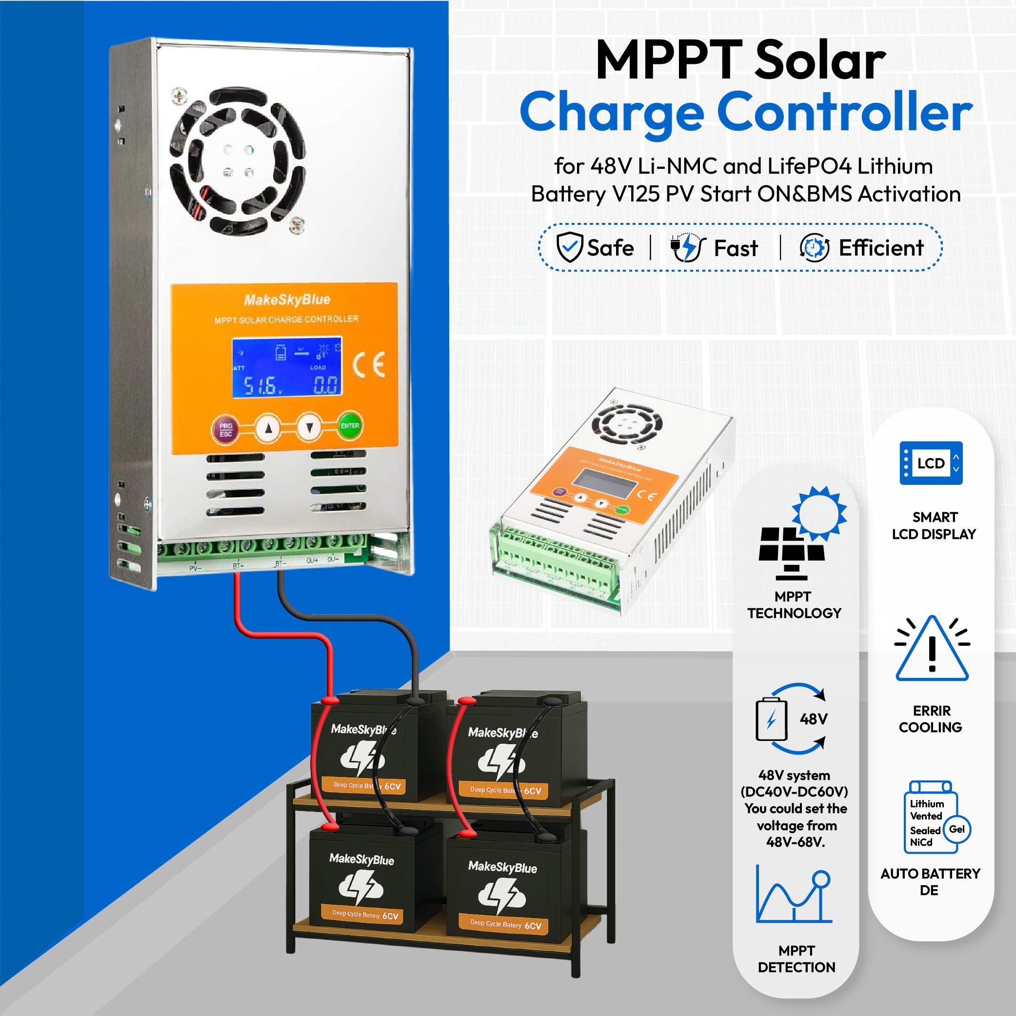 60A 48V MPPT Solar Charge Controller for 48V Li-NMC and LifePO4 Lithium battery V125 PV Start ON&BMS Activation