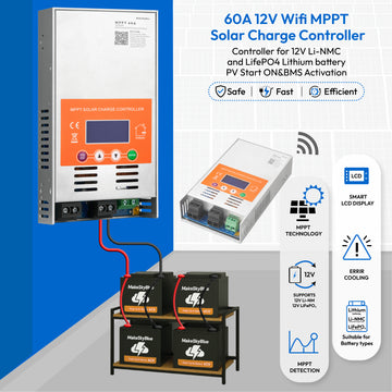 60A 12V MPPT 太阳能充电控制器,带 Wifi,适用于 12V Li-NMC 和 LifePO4 锂电池 PV 启动和 BMS 激活 V121