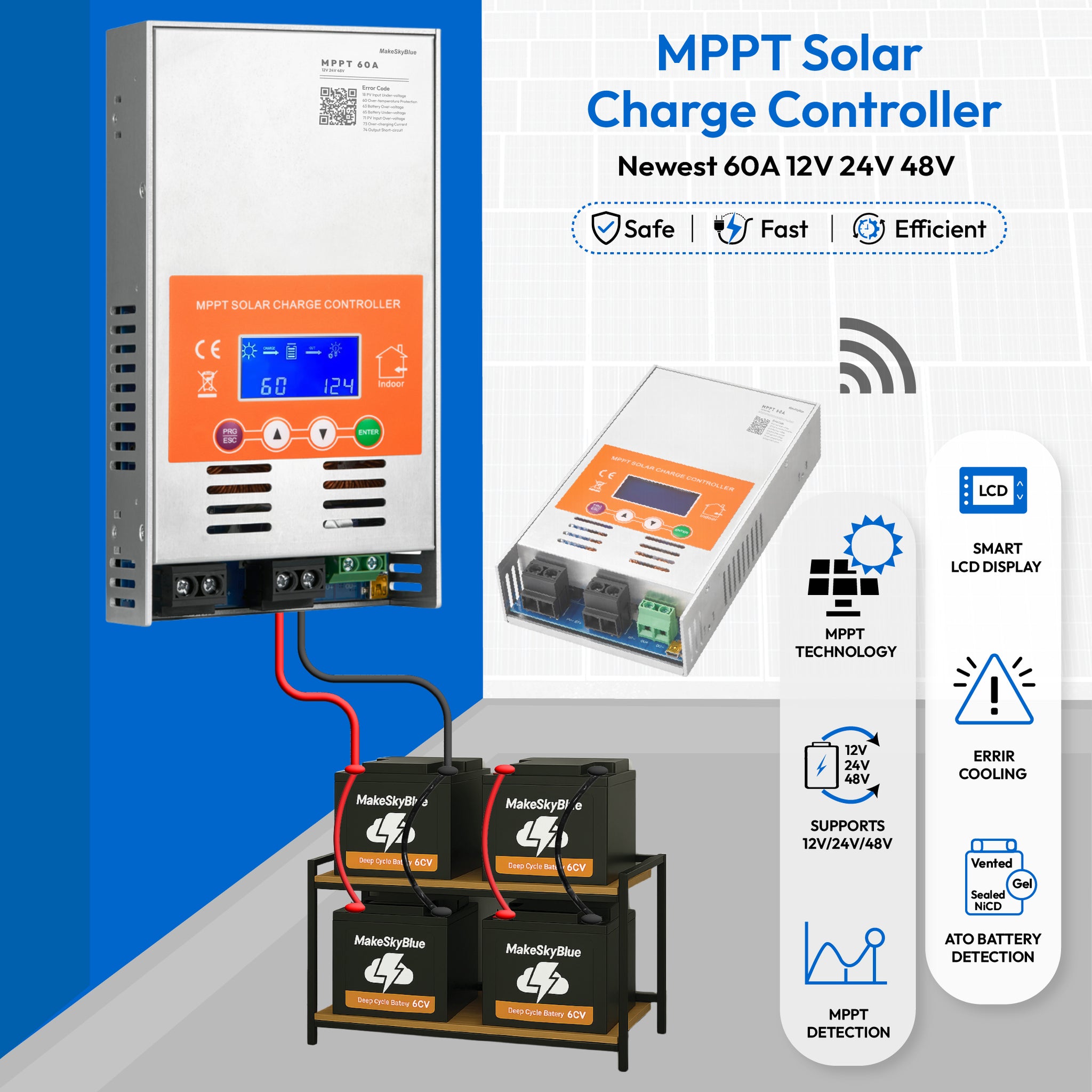 Newest 60A 12V 24V 48V Wifi MPPT Solar Charge Controller V124 for Lead-acid battery  or Lithium battery