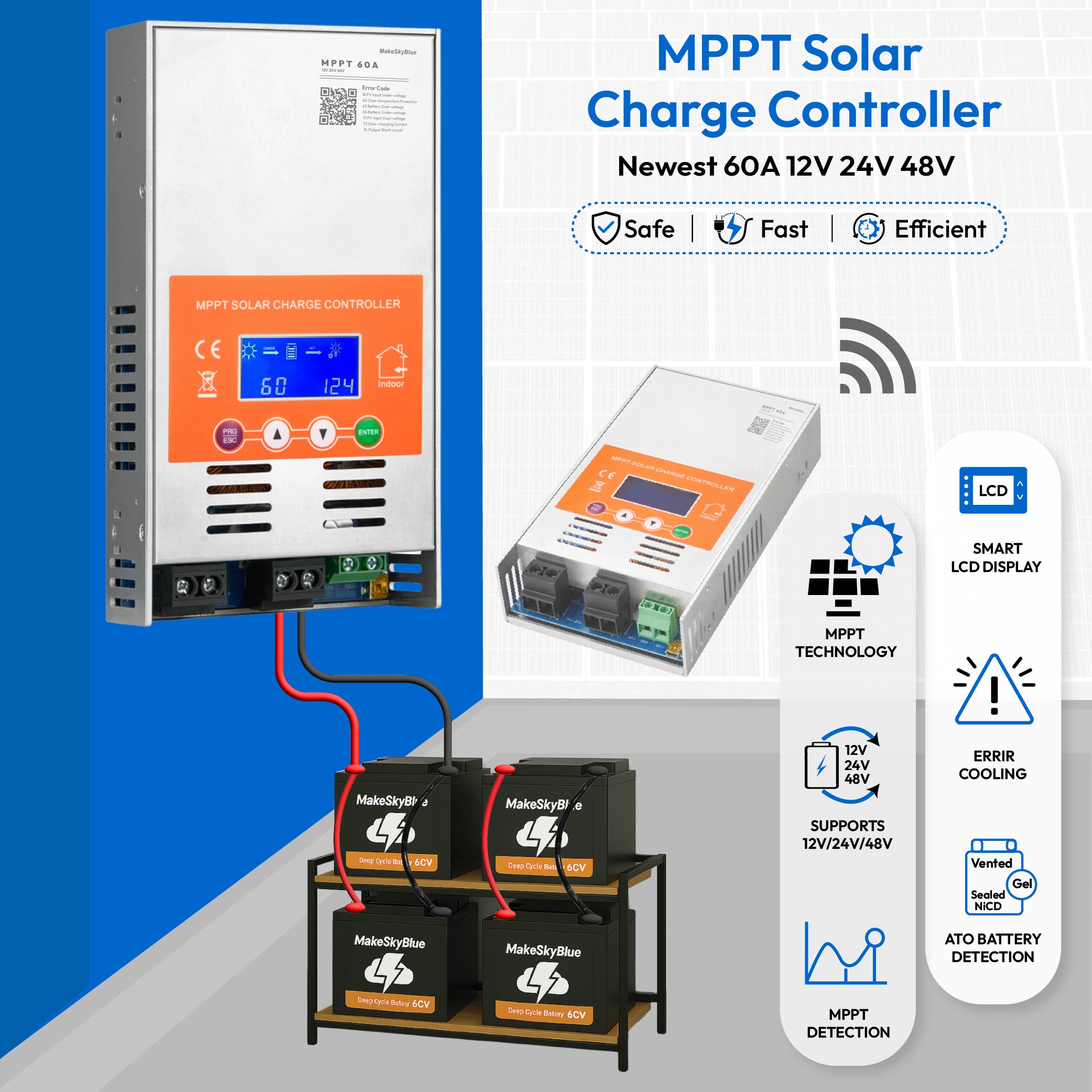 Newest 60A 12V 24V 48V Wifi MPPT Solar Charge Controller V124 for Lead-acid battery  or Lithium battery