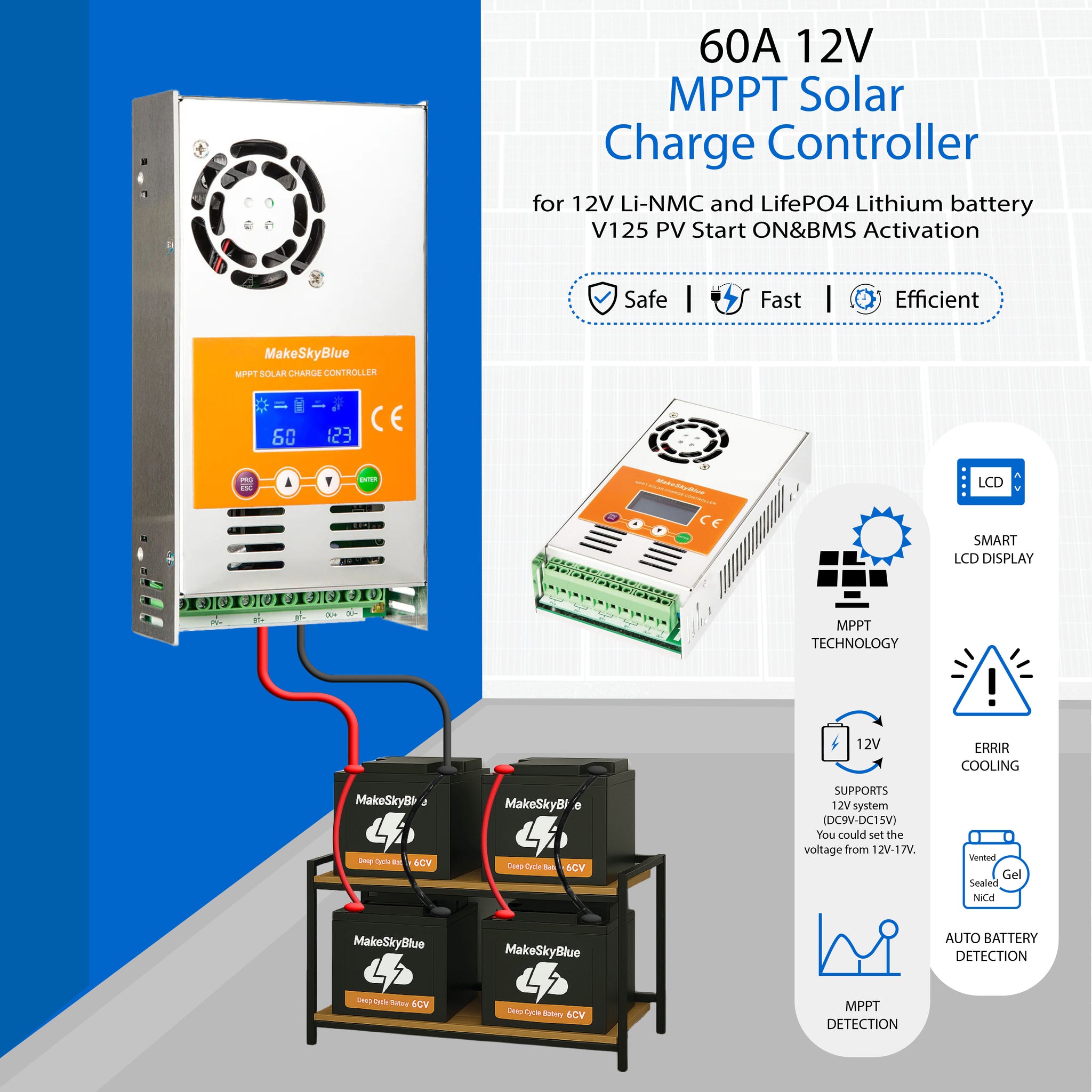 60A 12V MPPT Solar Charge Controller for 12V Li-NMC and LifePO4 Lithium battery V125 PV Start ON&BMS Activation