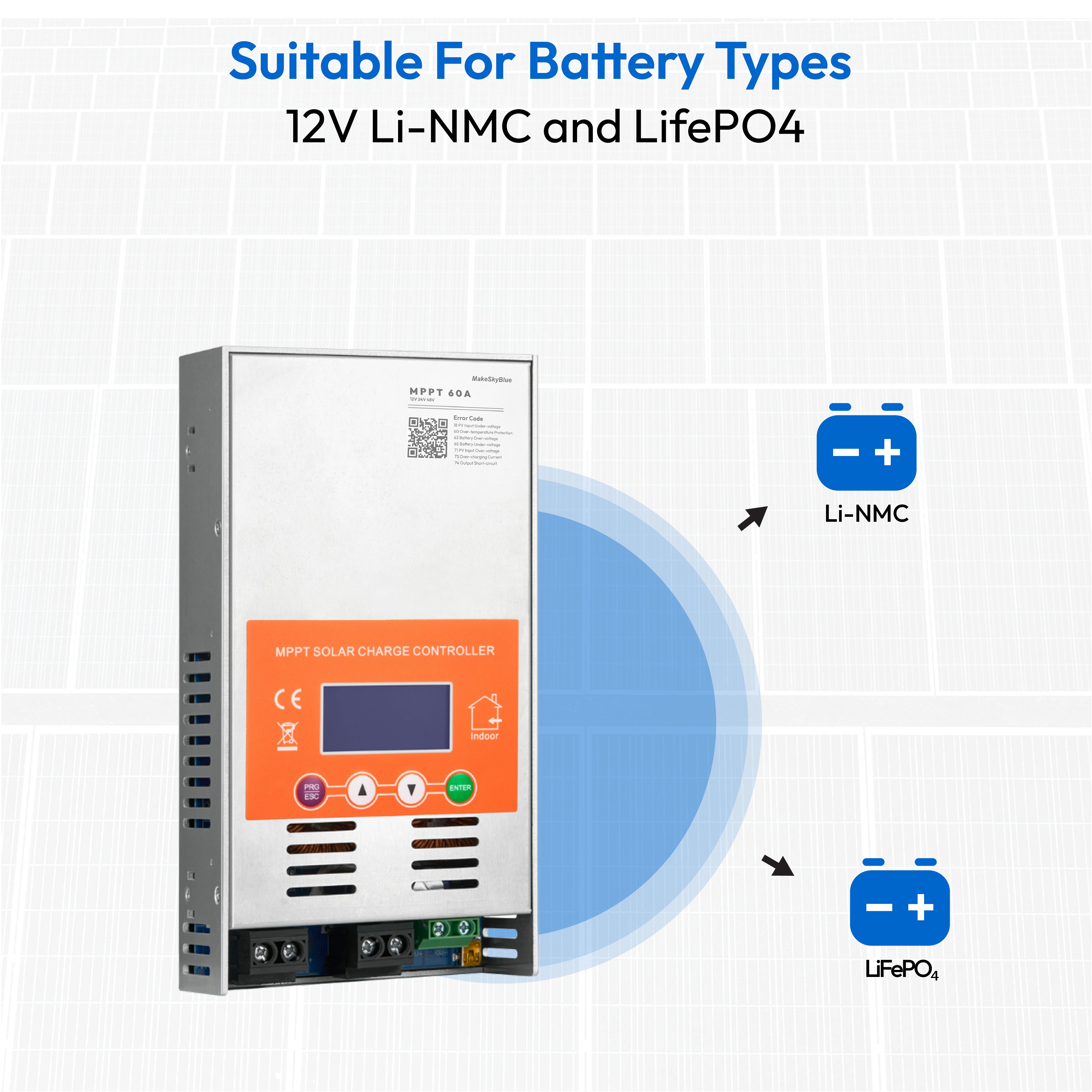 60A 12V MPPT 太阳能充电控制器，带 Wifi，适用于 12V Li-NMC 和 LifePO4 锂电池 PV 启动和 BMS 激活 V121