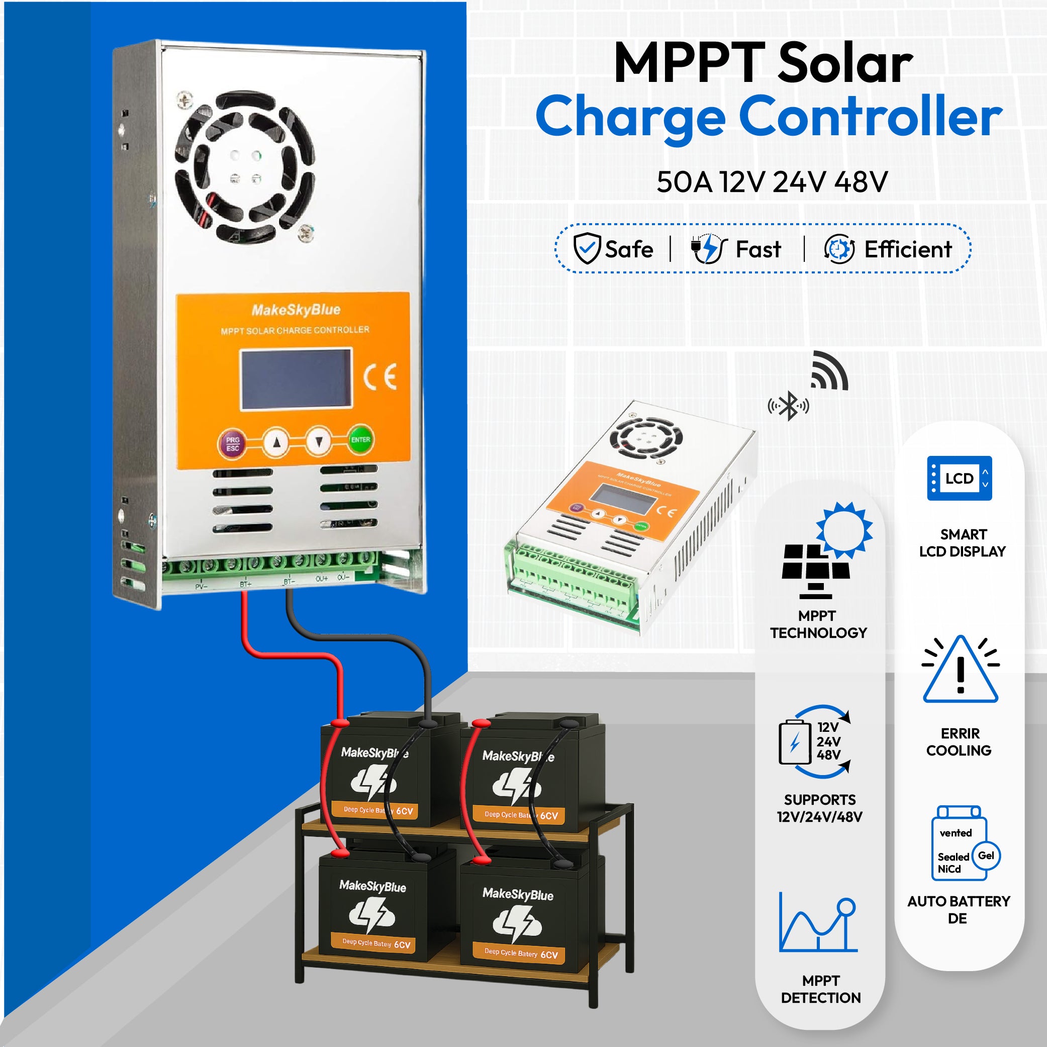 ตัวควบคุมการชาร์จพลังงานแสงอาทิตย์ 50A MPPT พร้อม WIFI
