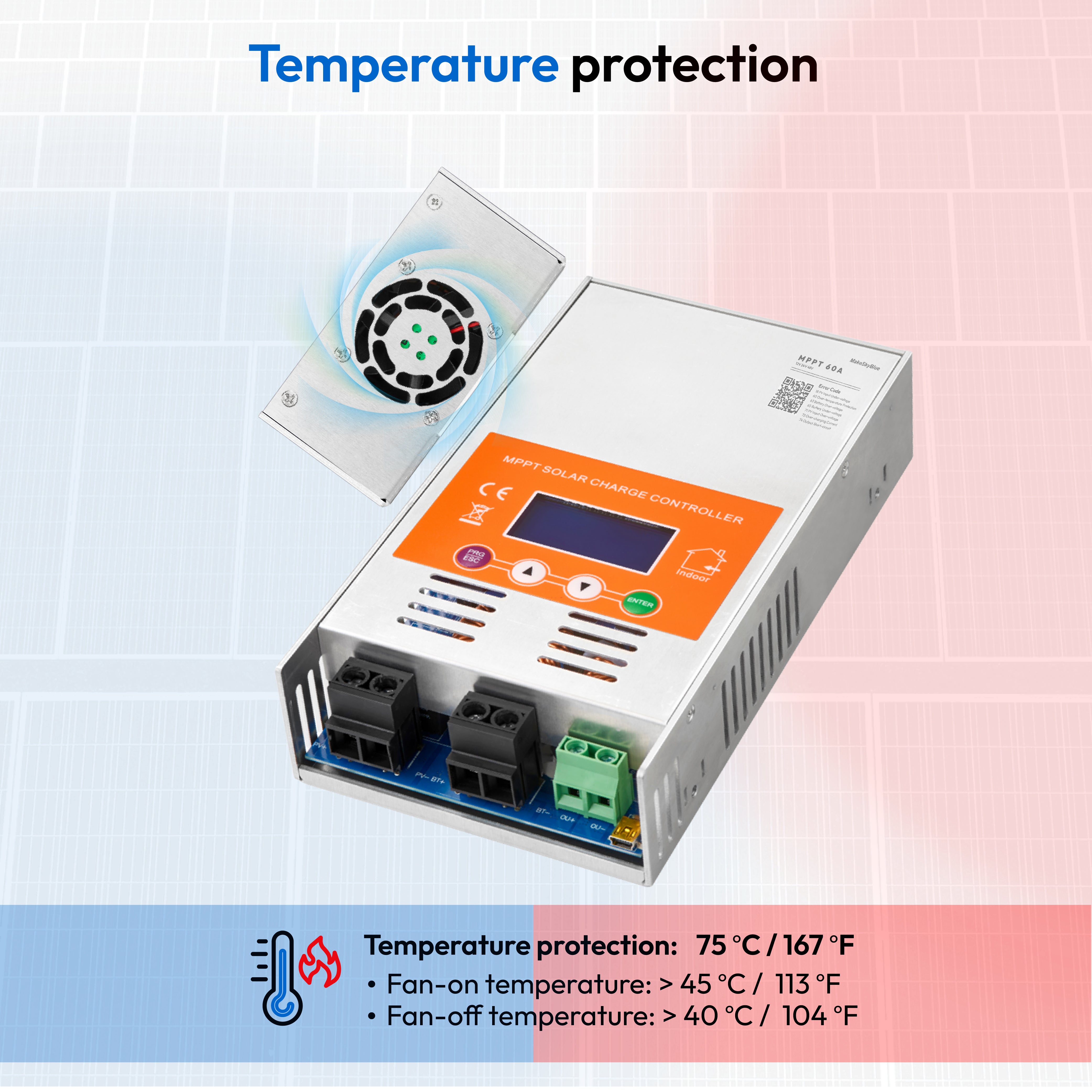 60A 12V MPPT 太阳能充电控制器，带 Wifi，适用于 12V Li-NMC 和 LifePO4 锂电池 PV 启动和 BMS 激活 V121