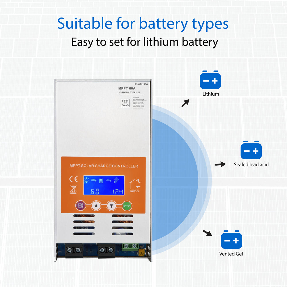 Newest 60A 12V 24V 48V MPPT Solar Charge Controller V124 for Lead-acid battery  or Lithium battery