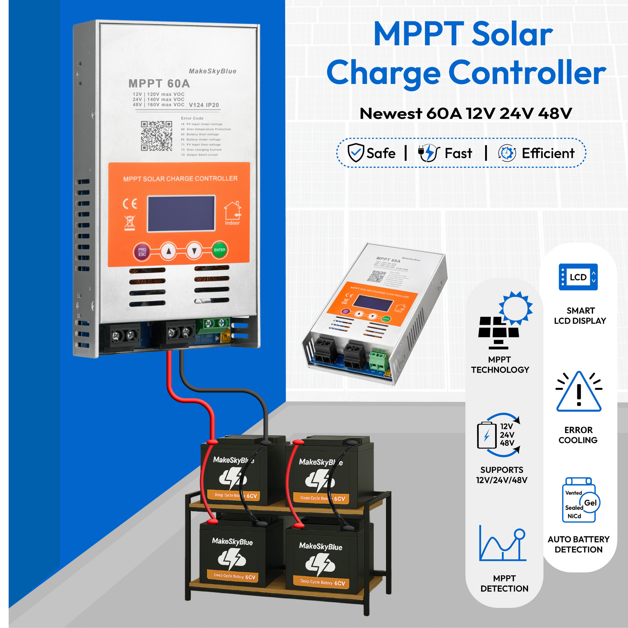 Newest 60A 12V 24V 48V MPPT Solar Charge Controller V124 for Lead-acid battery  or Lithium battery