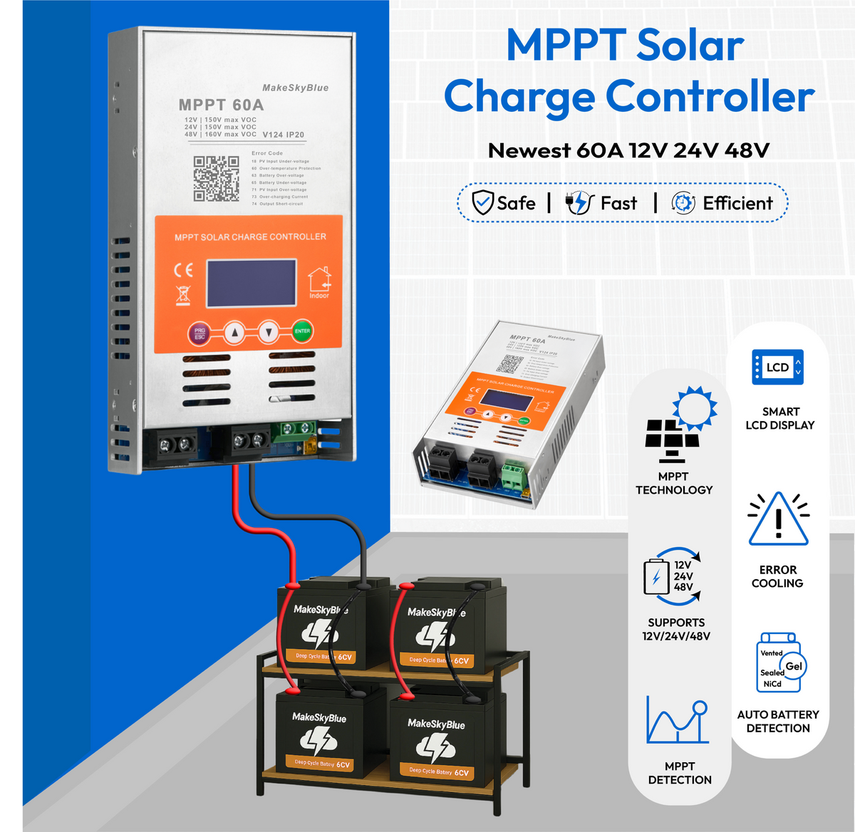 Newest 60A 12V 24V 48V MPPT Solar Charge Controller V124 for Lead-acid battery  or Lithium battery