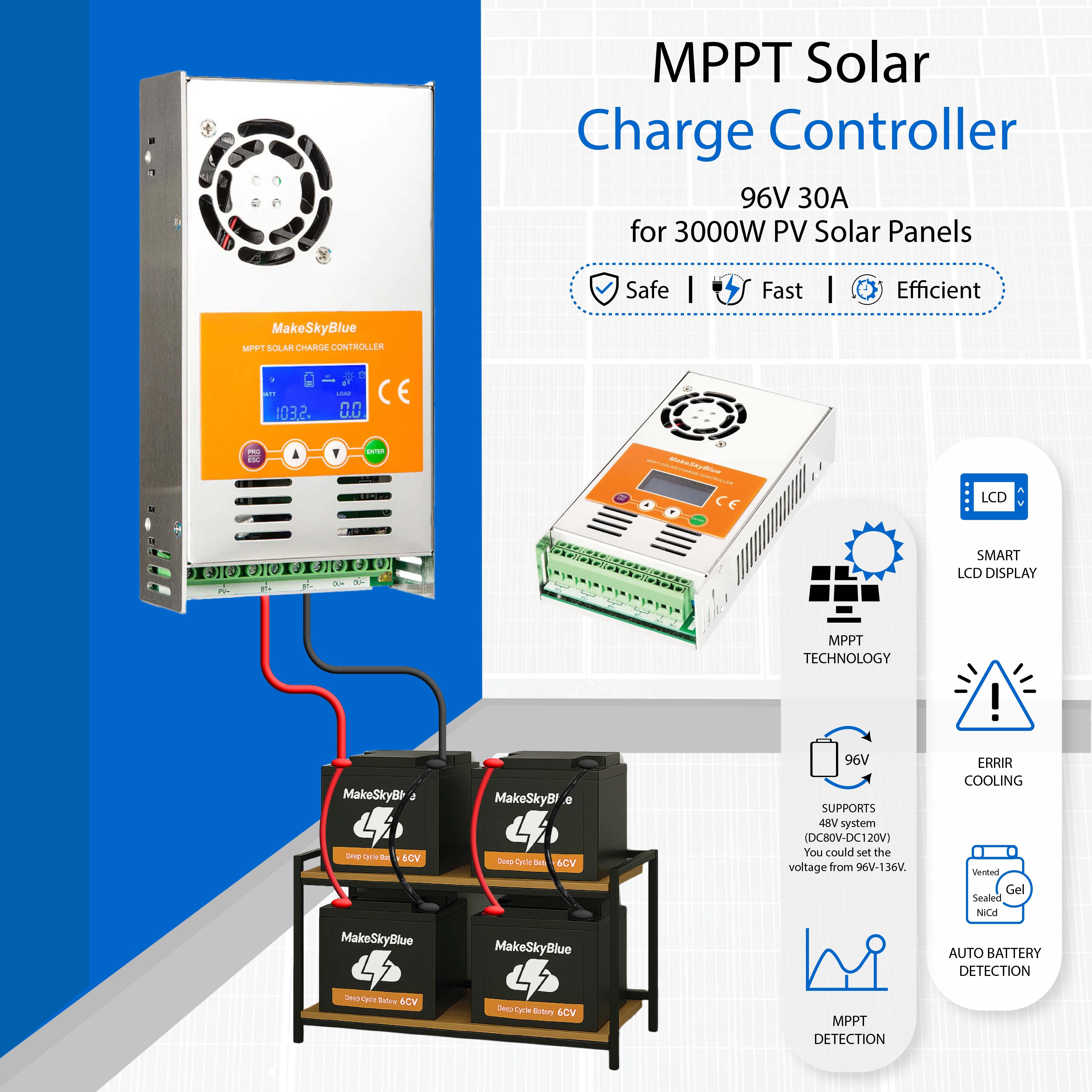 96V 30A Wifi MPPT Solar Charge Controller for 3000W PV Solar Panels