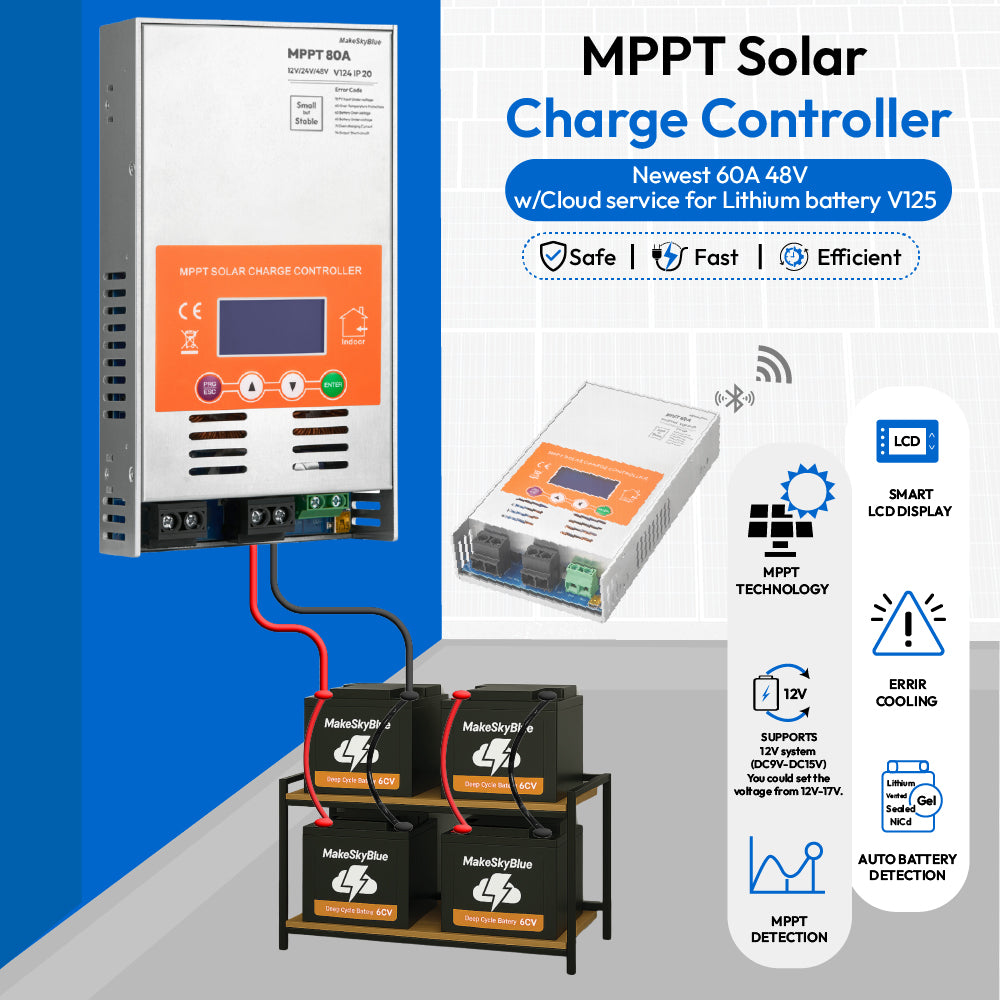 Newest 60A 24V MPPT Solar Charge Controller w/Cloud service for 24V Li-NMC and LifePO4 Lithium battery V125 PV Start ON&BMS Activation