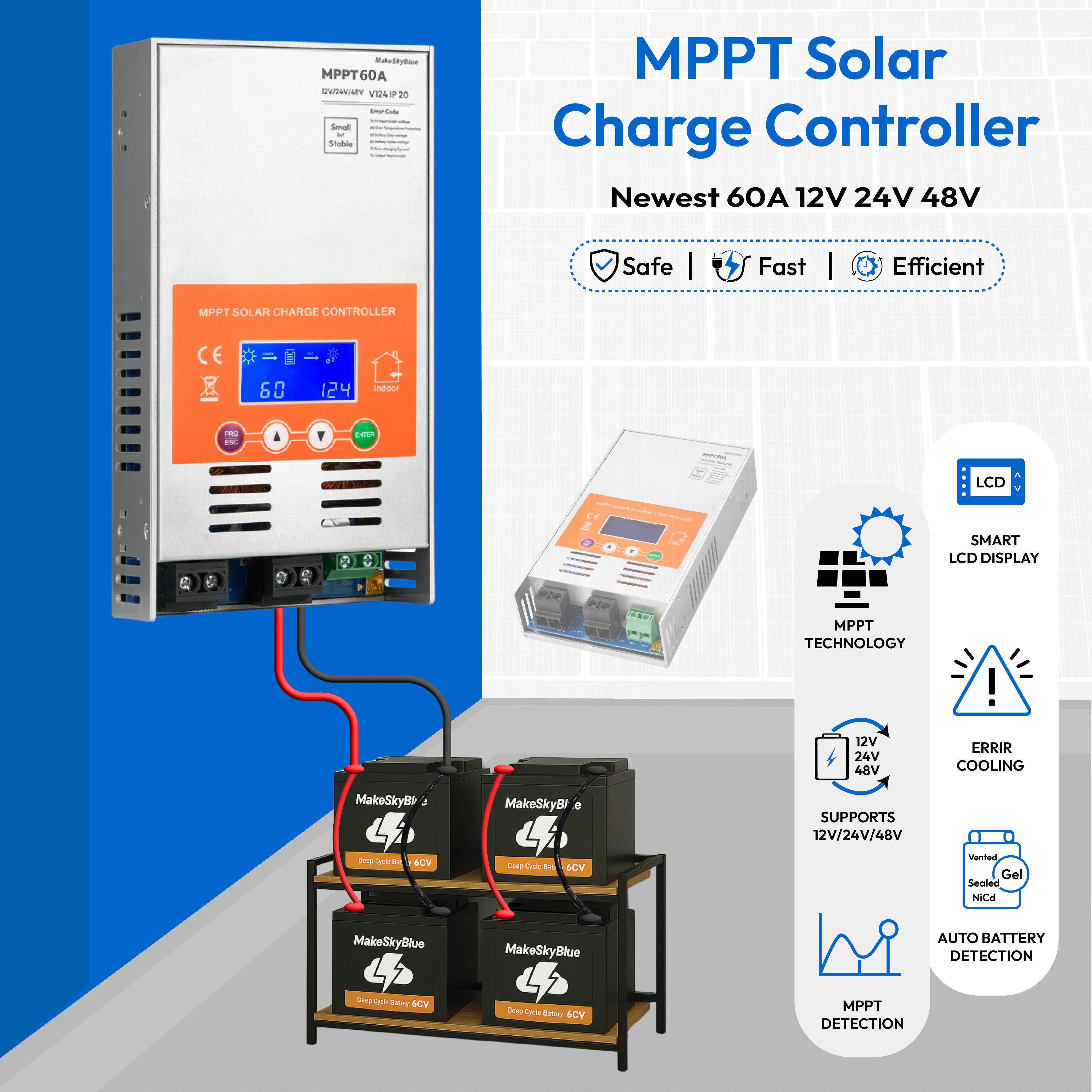Newest 60A 12V 24V 48V MPPT Solar Charge Controller V124 for Lead-acid battery  or Lithium battery