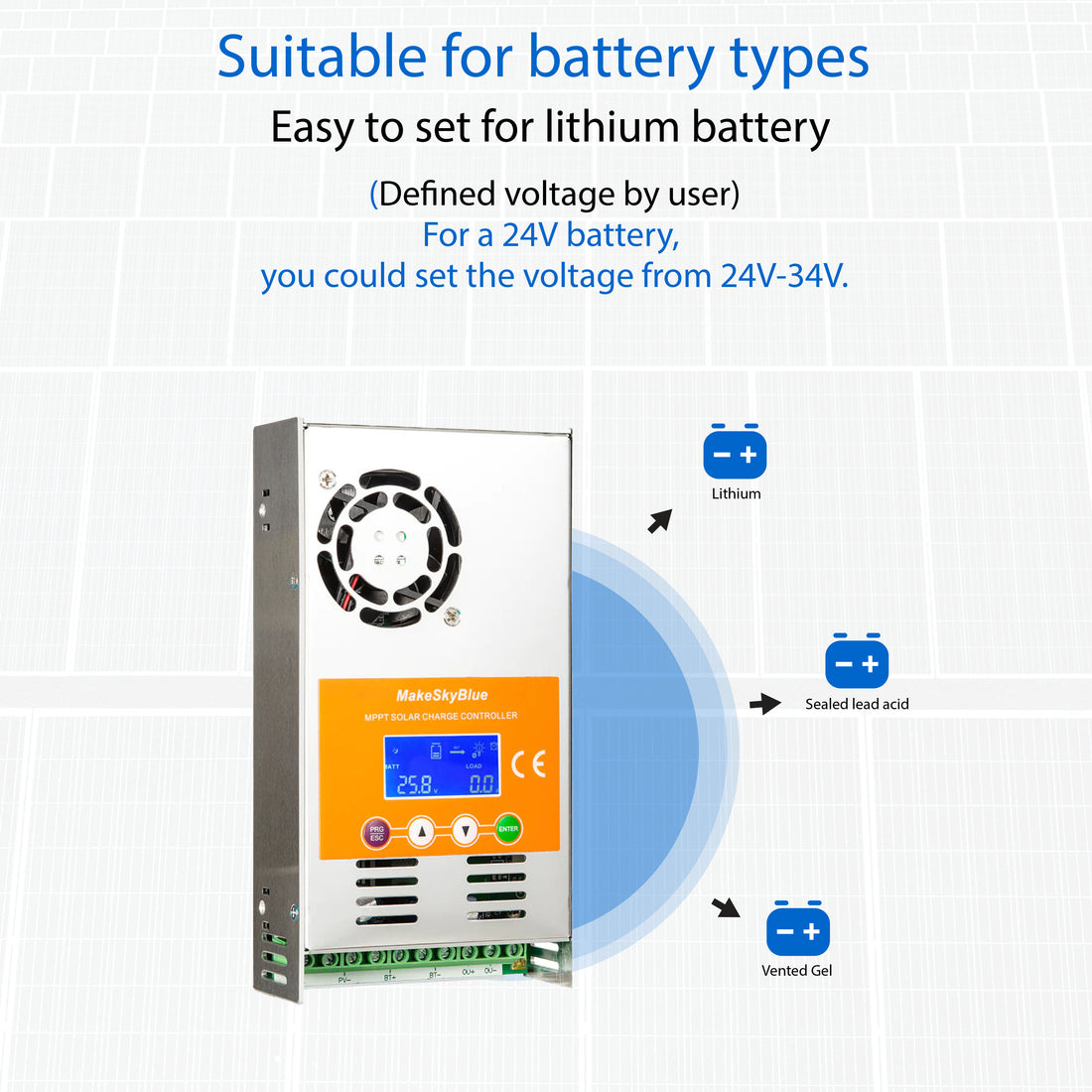 60A 24V MPPT Solar Charge Controller for 24V Li-NMC and LifePO4 Lithium battery V125 PV Start ON&BMS Activation