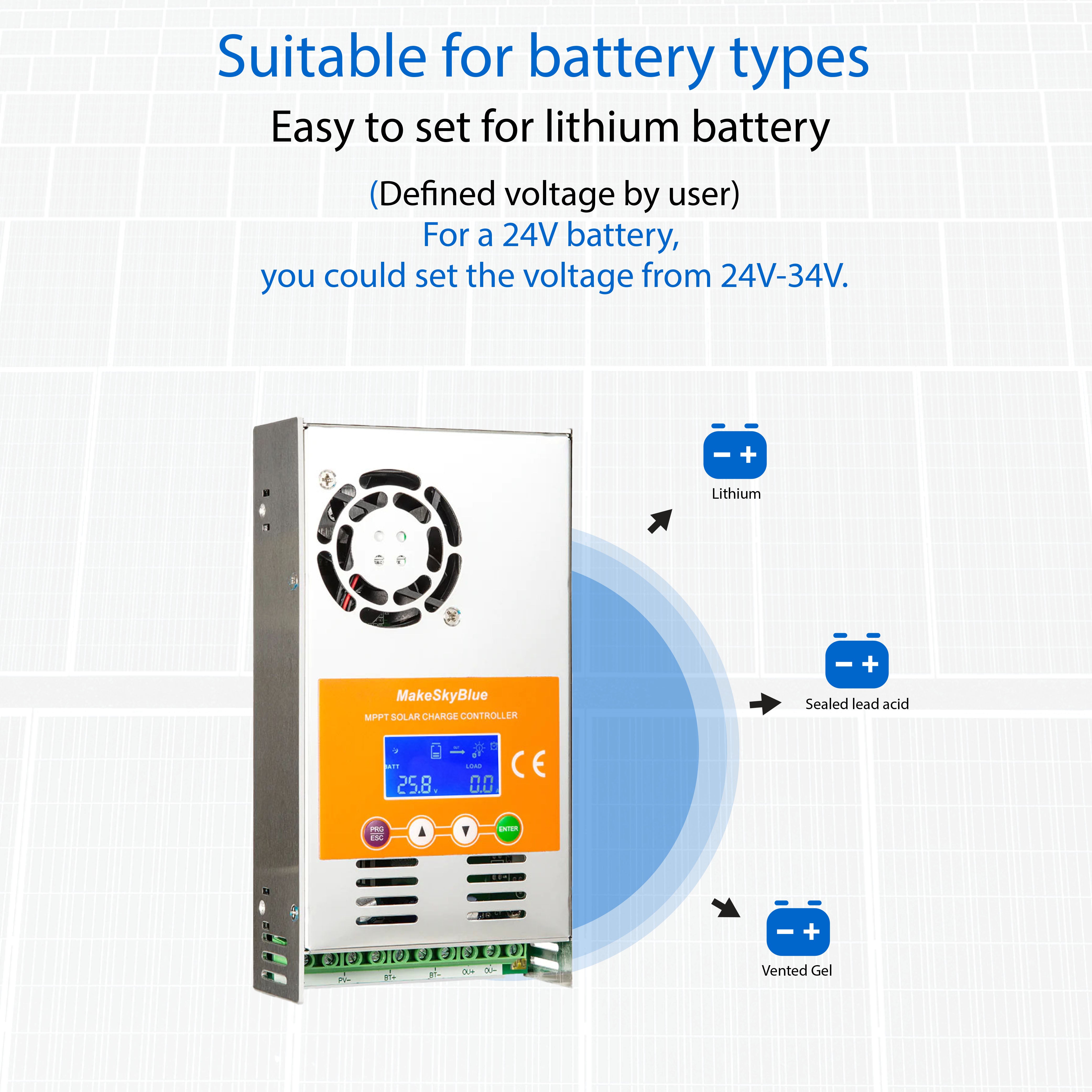 60A 24V MPPT Solar Charge Controller for 24V Li-NMC and LifePO4 Lithium battery V125 PV Start ON&BMS Activation