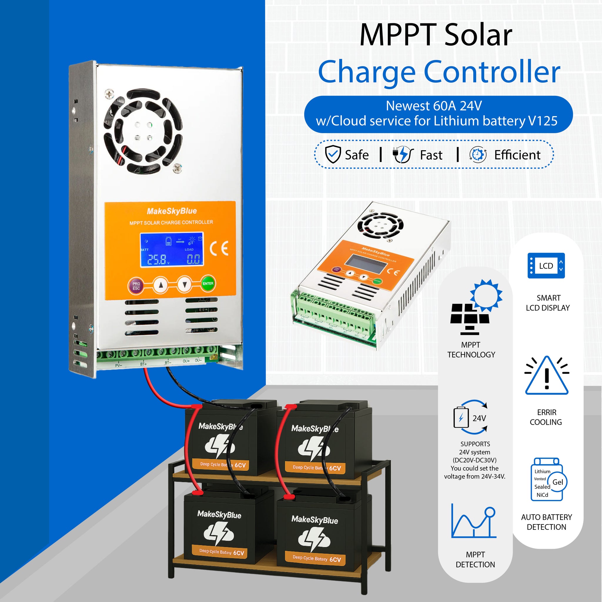 Newest 60A 24V MPPT Solar Charge Controller w/Cloud service for 24V Li-NMC and LifePO4 Lithium battery V125 PV Start ON&BMS Activation