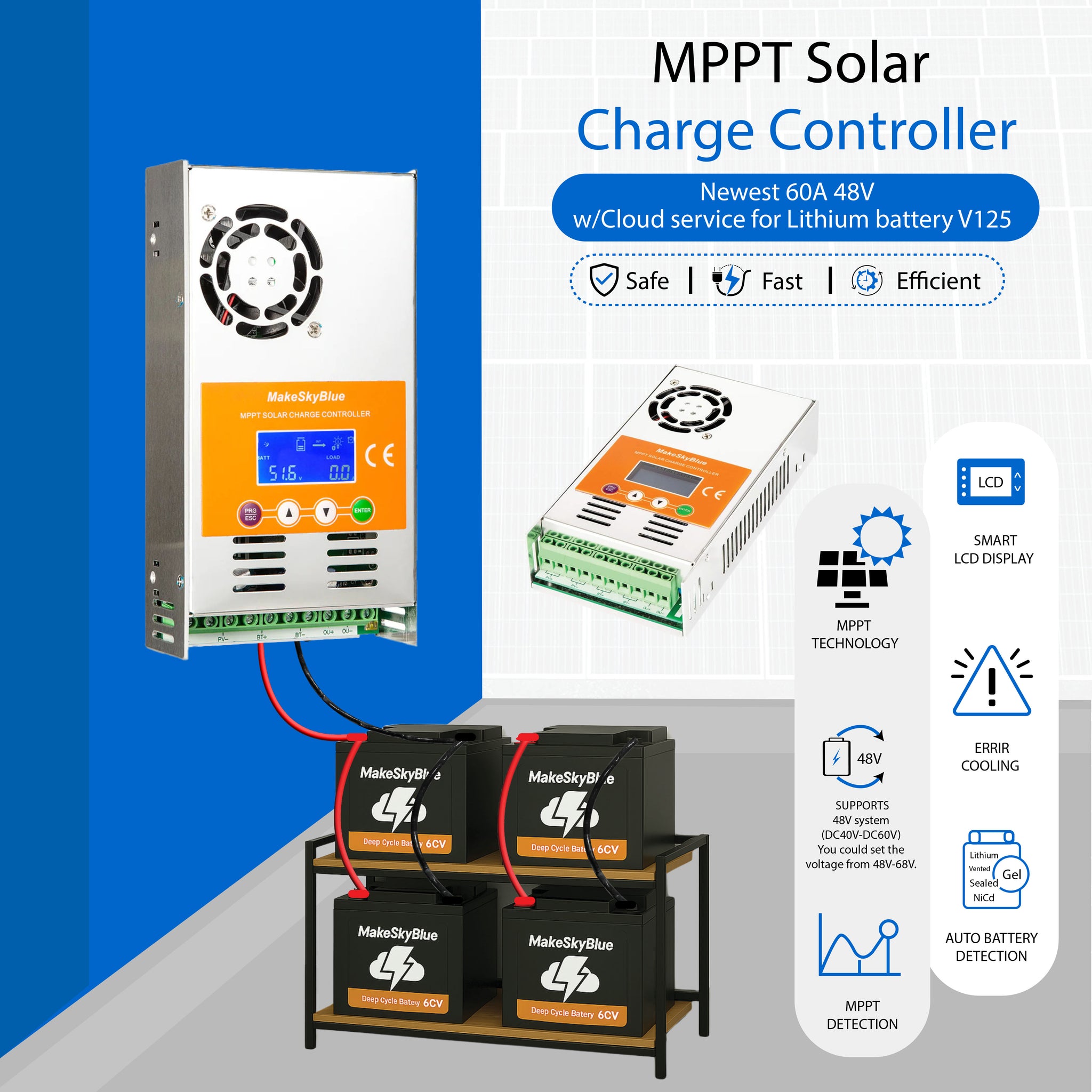 Newest 60A 48V MPPT Solar Charge Controller w/Cloud service for Lithium battery V125