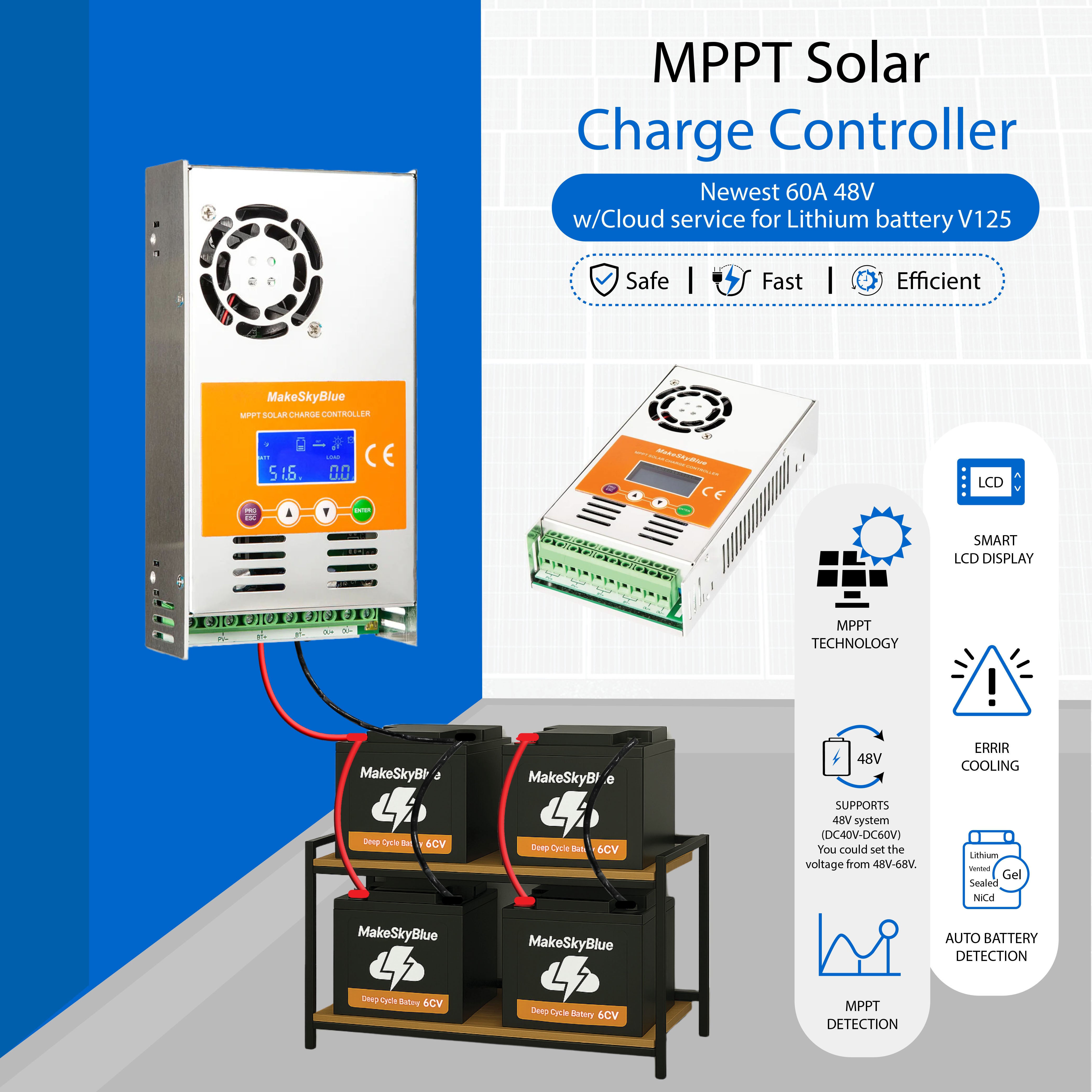 Newest 60A 48V MPPT Solar Charge Controller w/Cloud service for Lithium battery V125