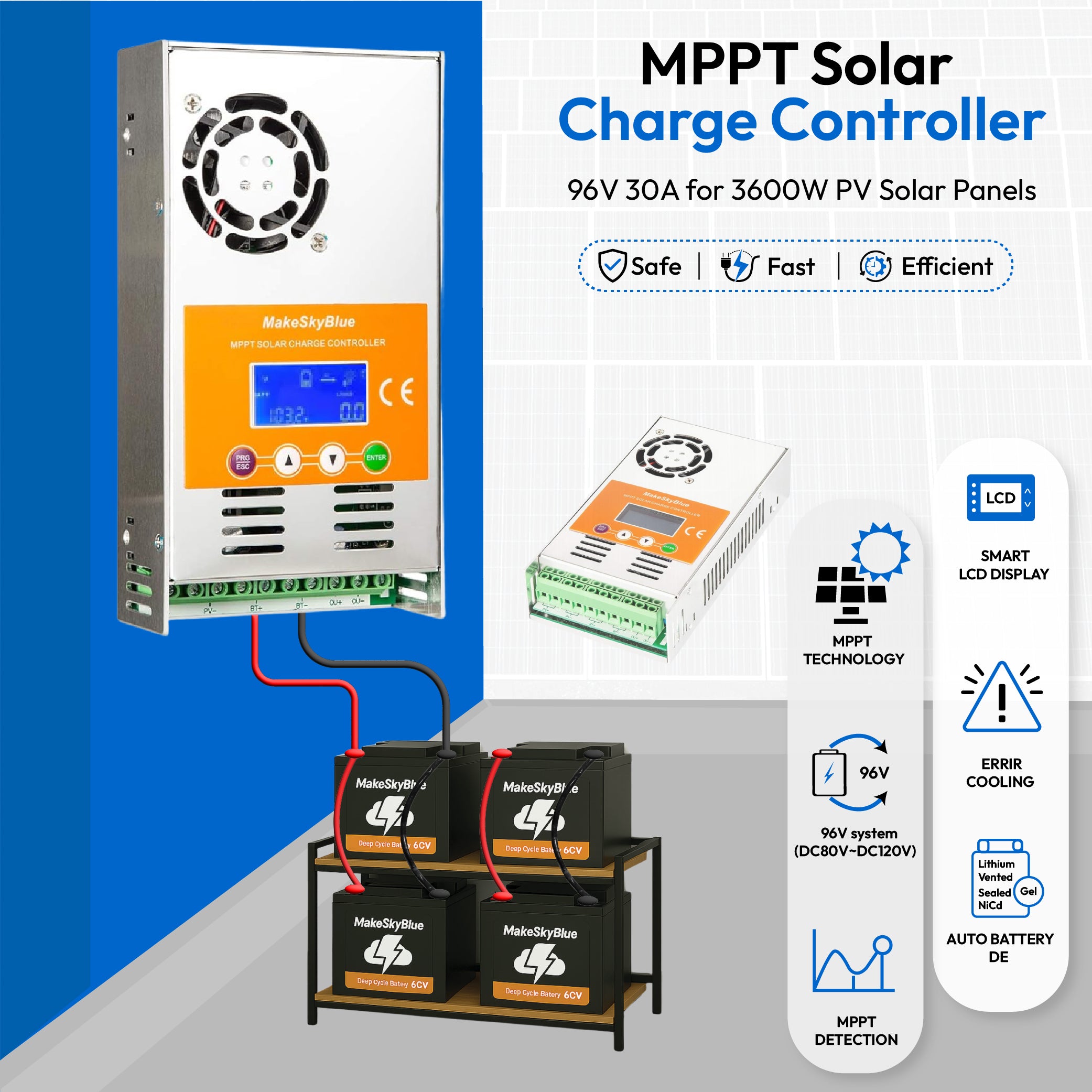 96V 30A MPPT Solar Charge Controller for 3000W PV Solar Panels