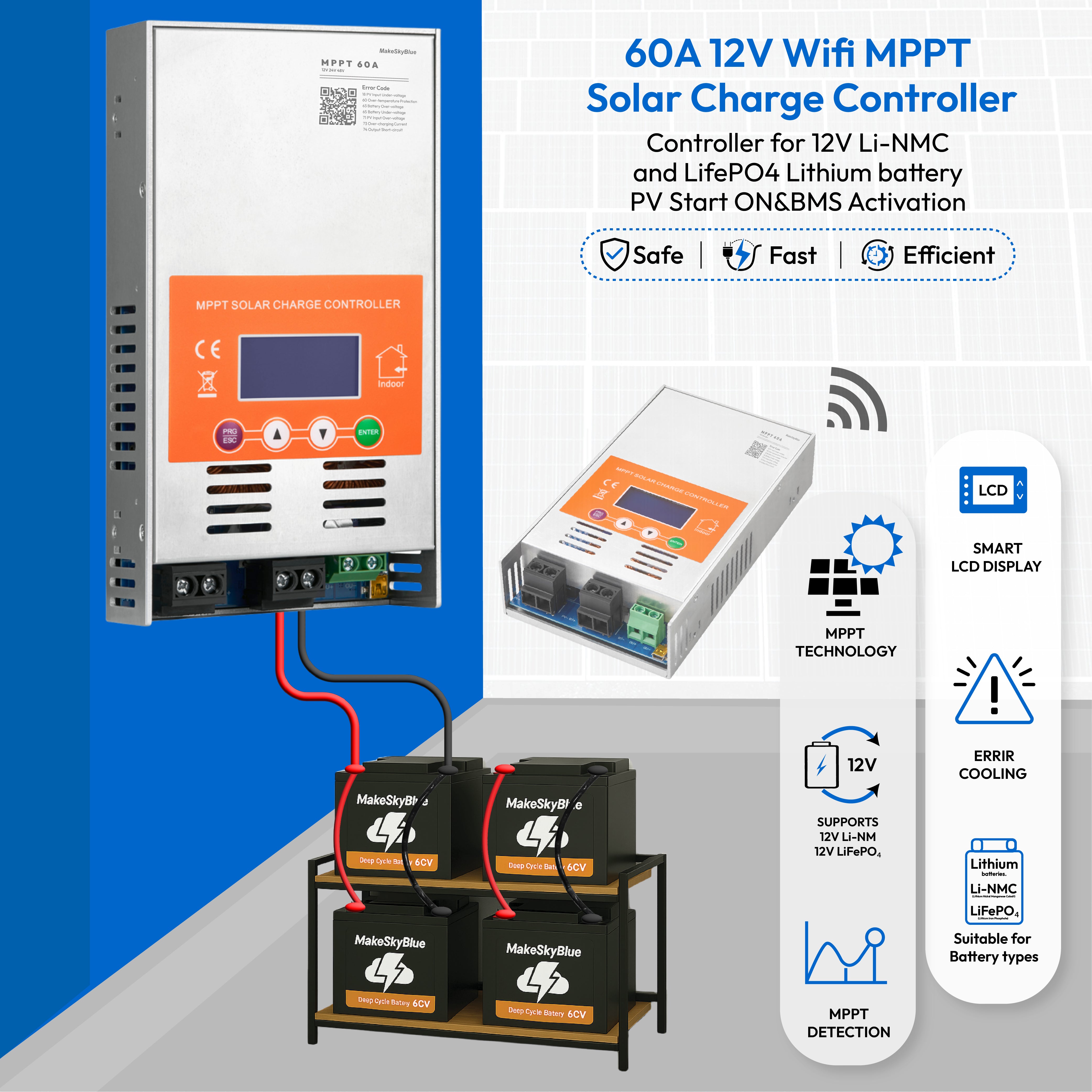 60A 12V MPPT 太阳能充电控制器，带 Wifi，适用于 12V Li-NMC 和 LifePO4 锂电池 PV 启动和 BMS 激活 V121