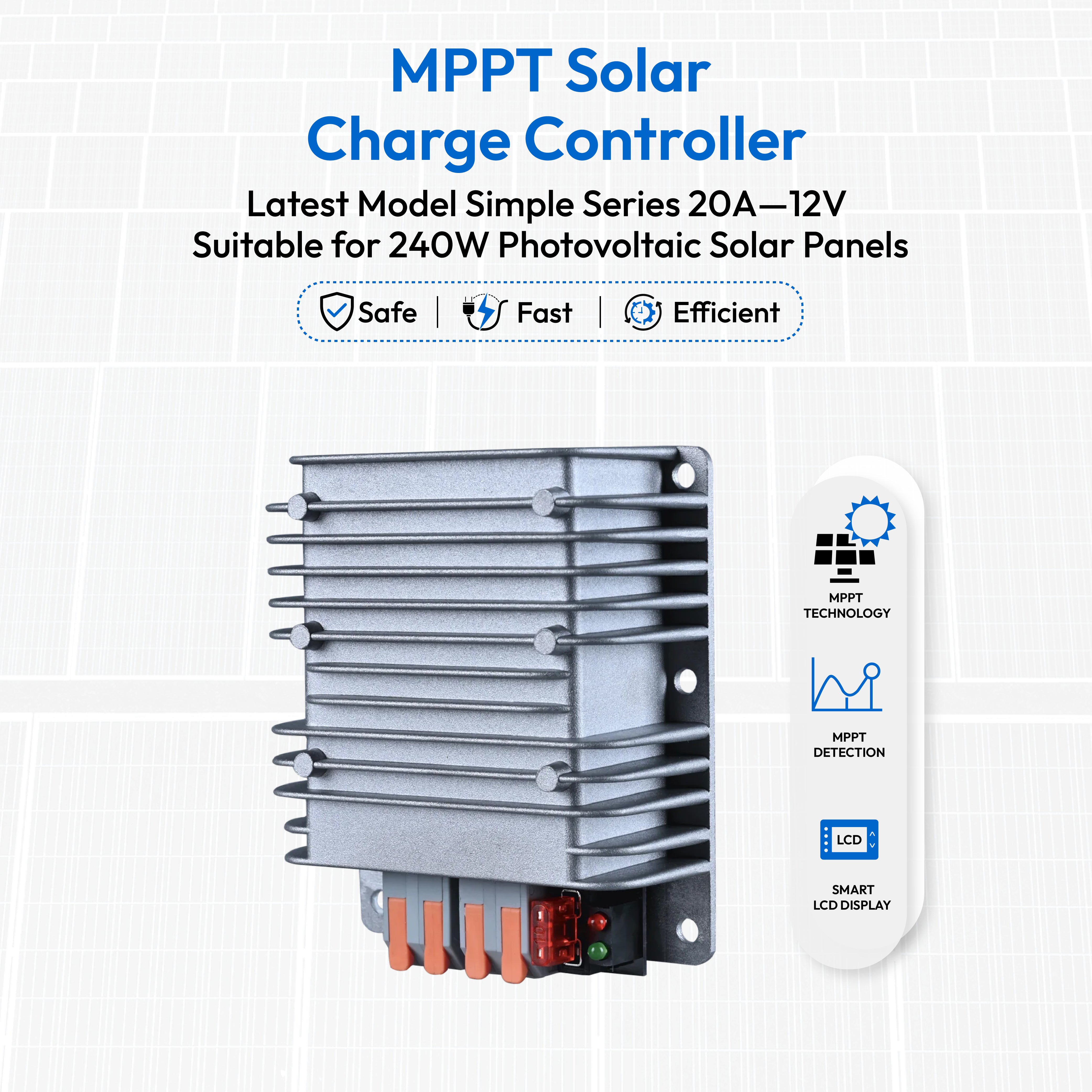Latest Model Simple Series 20A—12V MPPT Solar Charge Controller, Suitable for 240W Photovoltaic Solar Panels