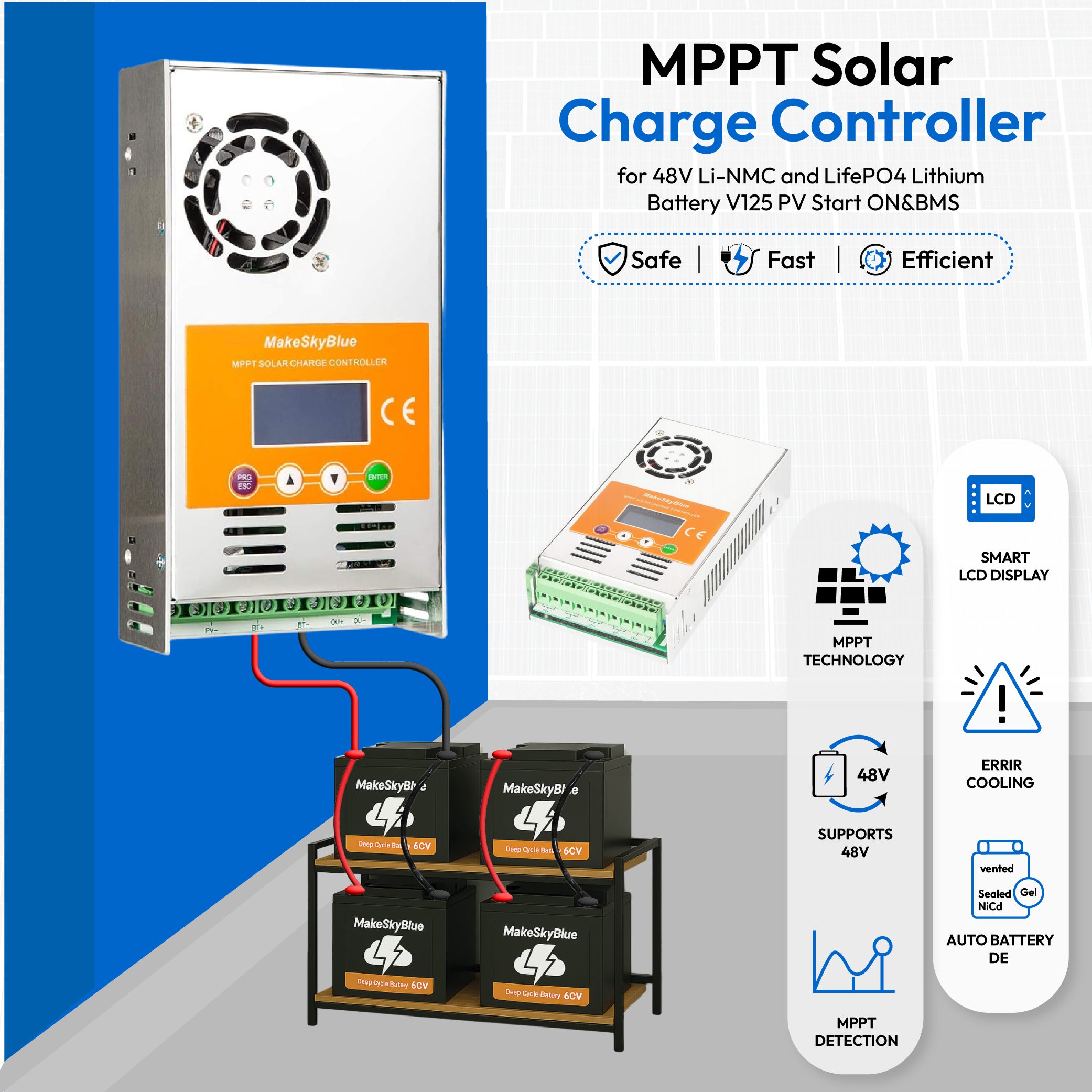30A 48V MPPT Solar Charge Controller for 48V Li-NMC and LifePO4 Lithium battery V120 PV Start ON&BMS Activation