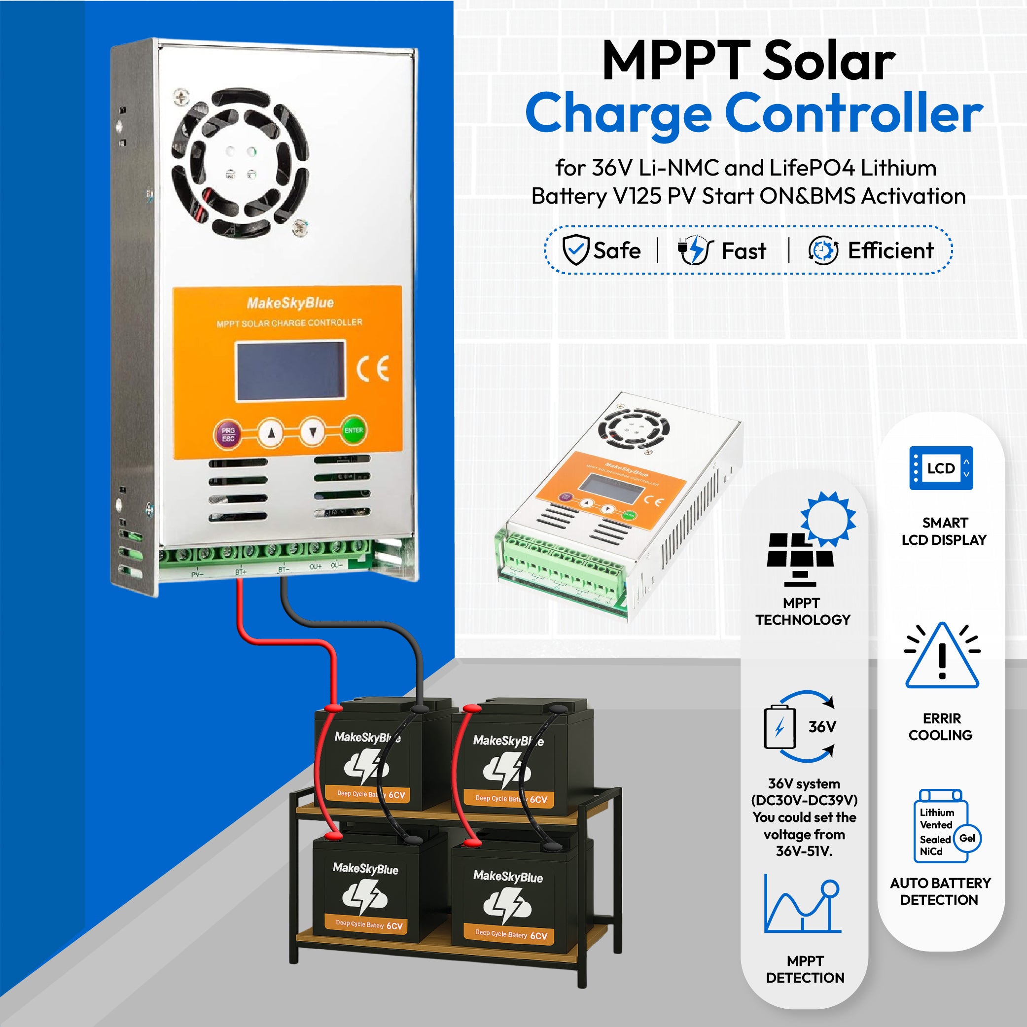 60A 36V MPPT Solar Charge Controller for 36V Li-NMC and LifePO4  Lithium battery V125 PV Start ON&BMS Activation